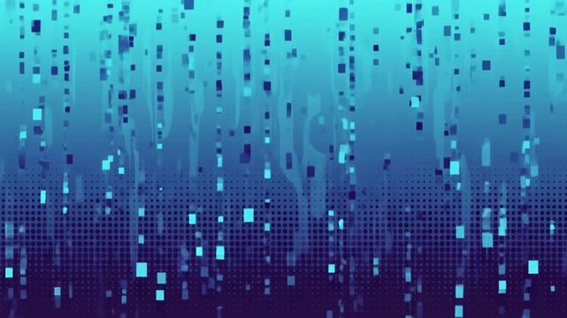 Digital cityscape with blue pixels falling.