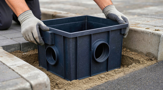 Worker in gloved hands fitting a black recycled plastic gully drainage box into a curbside soil trench. Sustainable stormwater management and road infrastructure installation at a construction site