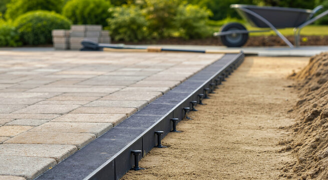 Black recycled plastic paver edge restraint strip anchored in sand on construction site. Landscaping edging system for stone patio installation, professional hardscape project