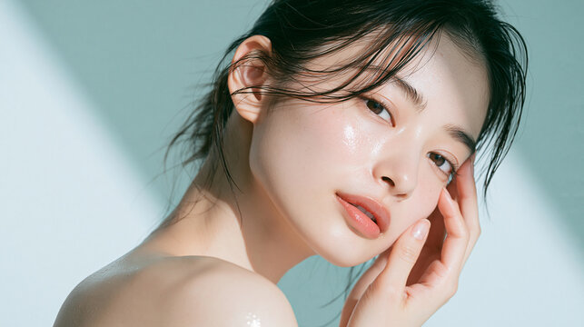 笑顔で綺麗な肌を見せる日本人女性美人モデルの美容ポートレート。オーラルケア、スキンケア、コスメ広告用。