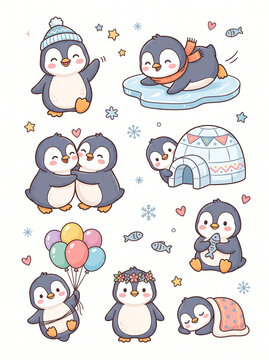 set of funny cartoon penguin