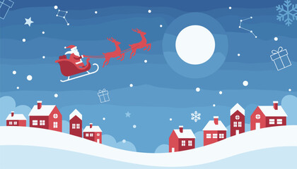 Naklejka premium Santa Claus flies his reindeer sleigh over a snowy village under a full moon in a serene winter night sky landscape.