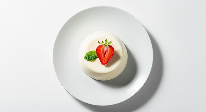 A minimalist top view of a creamy white panna cotta topped with a single red strawberry and mint leaf on a plain white ceramic plate, delicious, healthy, overhead