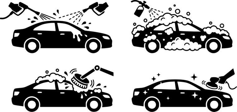 Vector icon set illustrating the car wash process: rinsing, soaping, scrubbing, and polishing. Minimalist flat design for auto cleaning services.
