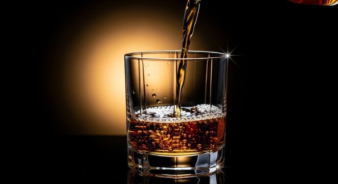 A rich amber liquid cascades smoothly into a crystal glass against a dark background, showcasing golden light reflections and fine bubbles, refraction, studio lighting, alcohol