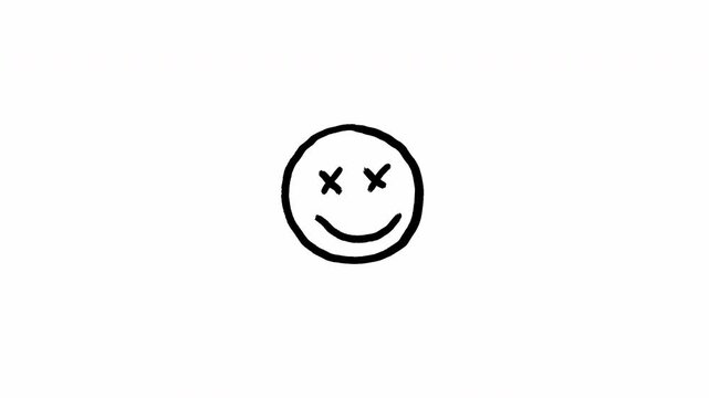 Hand drawn scribble animation featuring a minimalist smiley face with cross eyes on white background Video 4K