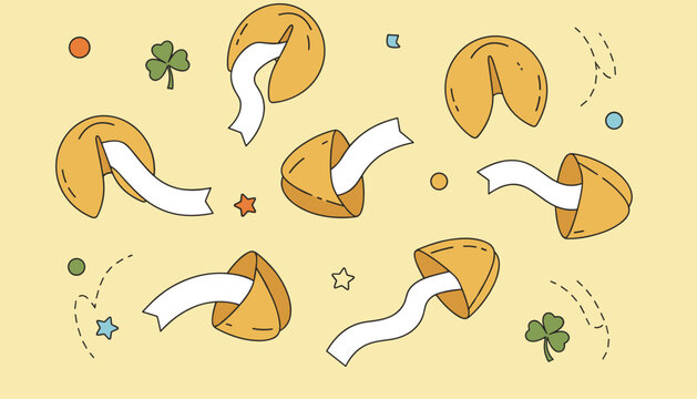 Many fortune cookies with blank paper notes floating on a yellow background decorated with shamrock and star symbols.