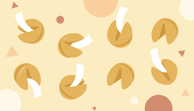 Multiple fortune cookies with white slips of paper scattered across a light brown background with circles and triangles.