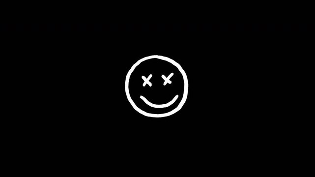 White Hand Drawn Scribble Smiley Face Icon with Cross Eyes on Minimalist Black Animation Background Video 4K