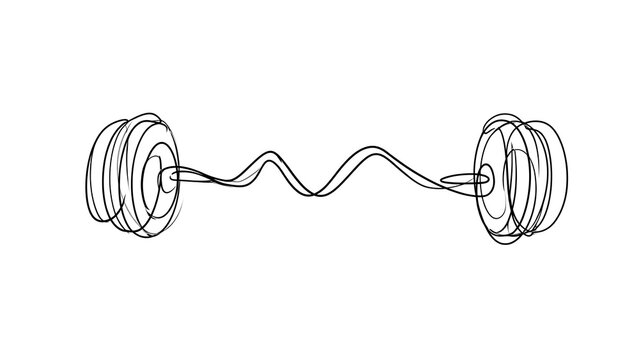 Two dumbbells connected by wavy line white background.