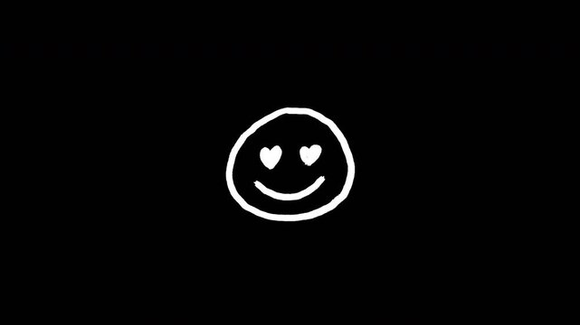 Minimalist hand drawn white scribble smiley face with heart eyes doodle animation on black background Video 4K