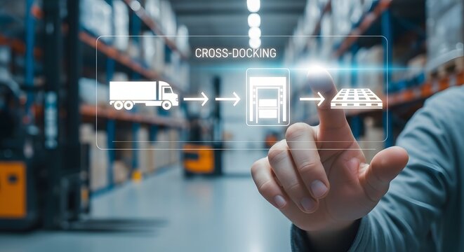Modern warehouse logistics interface displaying cross-docking operations for efficient supply chain management
