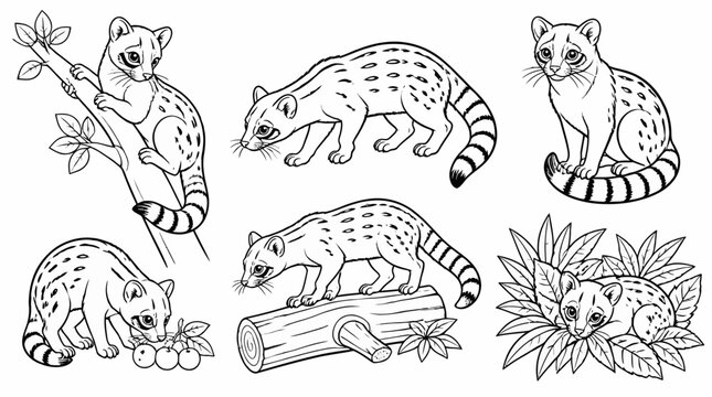 Set of cute civet cats in various poses, line art vector illustration