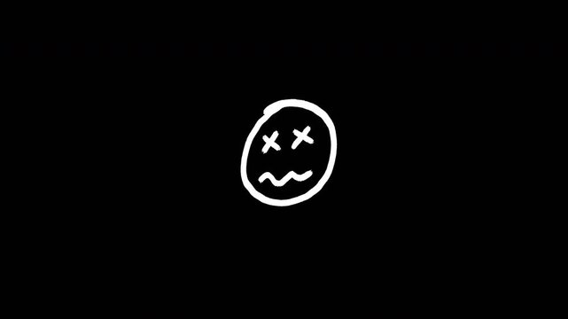 Hand drawn white scribble smiley face with cross eyes on black background abstract animation loop Video 4K