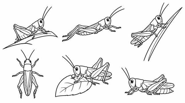 Set of Cute Grasshopper Illustrations in Various Poses and Actions
