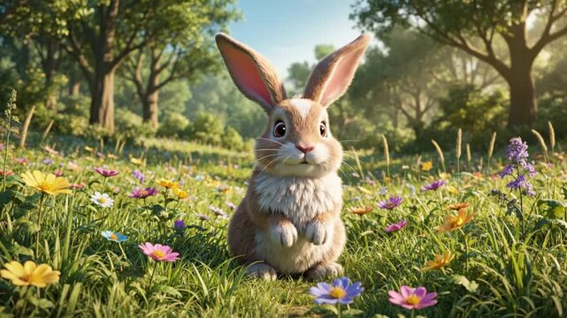 Lively 3D cartoon rabbit jumping through a flower meadow with soft grass and peaceful woodland trees