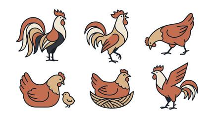 Naklejka premium Minimalist chicken and rooster icons set showing birds walking nesting feeding and protecting small chick.