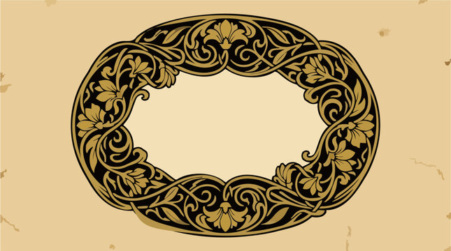 Ornate Art Nouveau Oval Frame Vector Illustration with Gold Floral and Leaf Motifs on Black, Elegant Decorative Border on Aged Beige Background with Copy Space