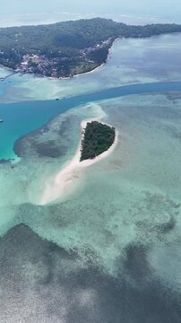 Aerial shot of Kerayaan Beccu Beach, a white-sand beach in Kotabaru, South Kalimantan