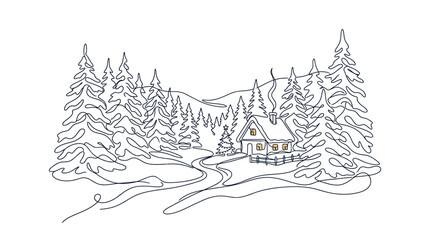 Naklejka premium One line drawing of a cozy winter cottage nestled in a snowy pine forest