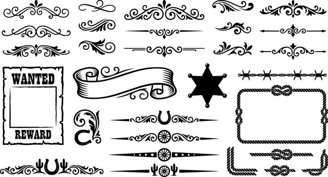 Old Western Design Elements Icon Set Embellishment Borders Divider Lines Scroll Ornate Flourish Wanted Poster Frame Banner Ribbon Rope Border Sheriff Star Barbed Wire Vector 