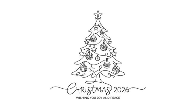 Minimalist One Line Drawing of Decorated Christmas Tree for 2026 Holiday Season