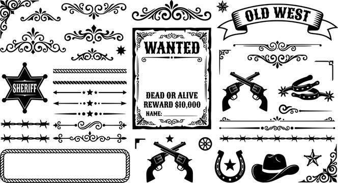 Old Western Design Elements Icon Set Embellishment Borders Divider Lines Scroll Ornate Flourish Wanted Poster Frame Banner Ribbon Rope Border Sheriff Star Barbed Wire Vector 