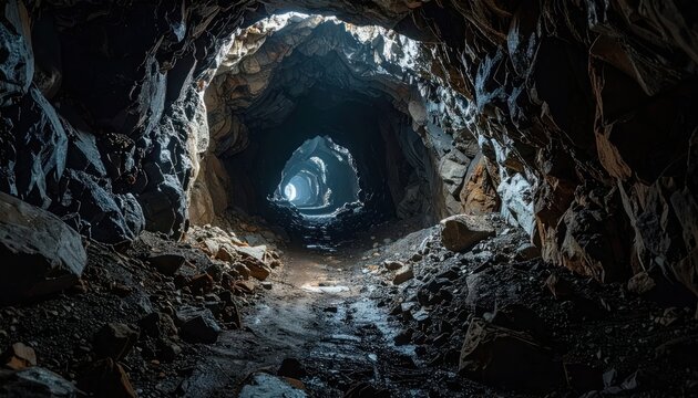 Miner exploring dark cave with headlamp illuminating path.