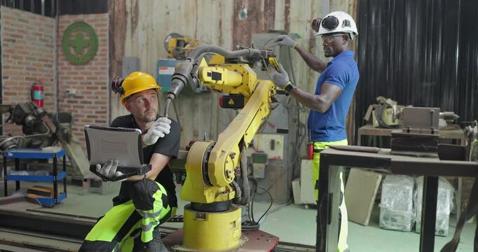 Technicians Troubleshoot Robotic Arm Control System for Automation Maintenance