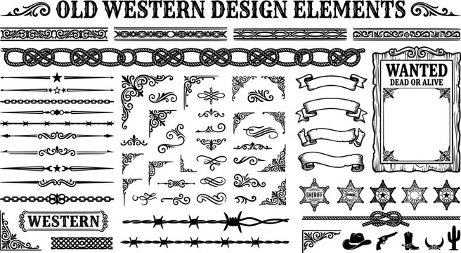 Old Western Design Elements Icon Set Embellishment Borders Divider Lines Scroll Ornate Flourish Wanted Poster Frame Banner Ribbon Rope Border Sheriff Star Barbed Wire Vector 
