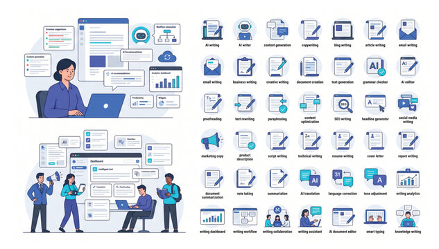 AI Content Generation and Digital Writing Workflow Vector Illustration with Technology Icon Set