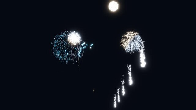 3D Render A mesmerizing 3D render of a fireworks display unfolding in the night sky against deep blackness