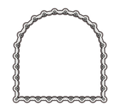 Black lattice flower lace with pink picot scallops shapes arched tombstone frame on ivory as Victorian crochet trim. ornament isolated for wedding invitation cards or romantic stationery layouts.