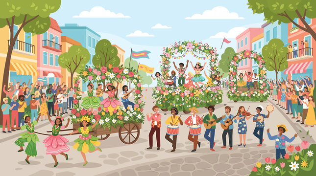 Colorful street parade with floral floats and people dancing and playing music in a city square.