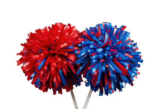 Red and blue pom poms representing team support, cheerleading, school spirit, and celebratory events