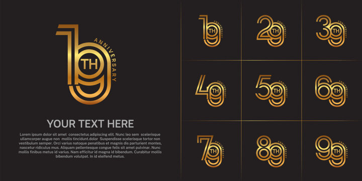 Anniversary logo style double line number set. golden color on brown background for celebration event