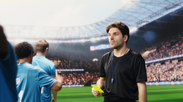Soccer referee showing yellow card to angry player protesting during match, blue teammates complaining about match official decision.