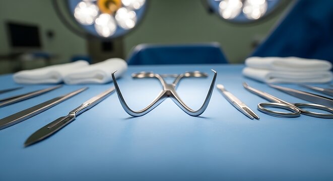 Professional steel surgical implements resting on a blue sterile cloth inside a hospital operating theater before the start of a procedure to ensure that patient safety remains the primary