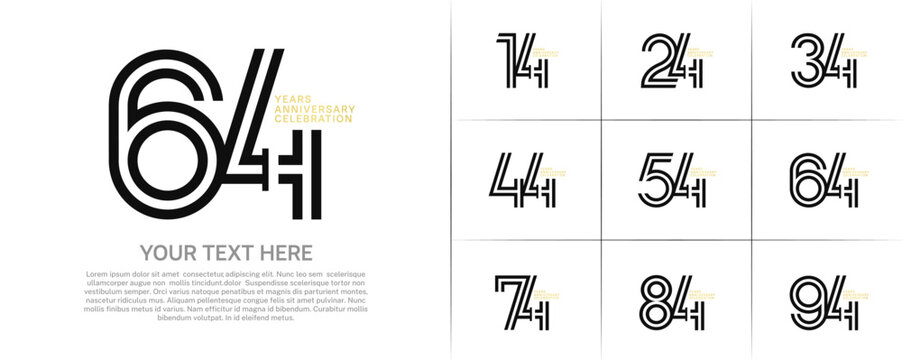 Anniversary logo type set with double line number. black and gold color for celebration event
