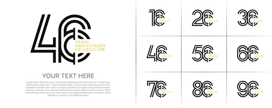 Anniversary logo type set with double line number. black and gold color for celebration event