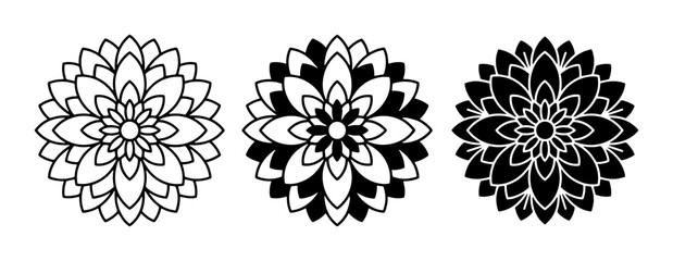 Obraz premium Floral Mandala Vector Icons, Black and White Decorative Elements, Geometric Flower Designs