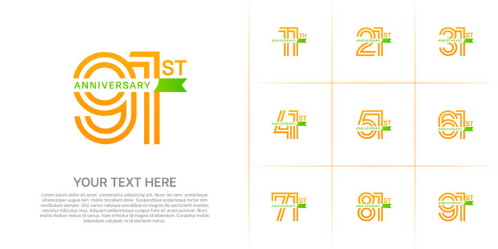 Anniversary logo type set with double line number. orange color with small green ribbon for celebration event