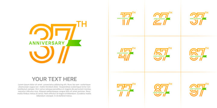 Anniversary logo type set with double line number. orange color with small green ribbon for celebration event