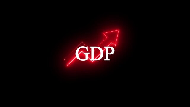 Glowing neon GDP growth line icon animation featuring bold GDP text with an upward arrow symbolizing economic expansion, financia.