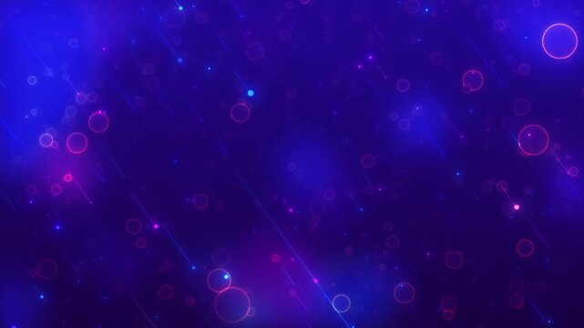 Magenta purple light circles floating bokeh rings, blue neon dots, and dreamy abstract depth. for event videos, romantic slideshows, dance visuals, creative intros, and vibrant motion backgrounds.