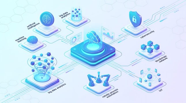 Enterprise Digital Transformation Isometric Network Diagram with Cloud Computing AI Big Data and Cybersecurity Nodes