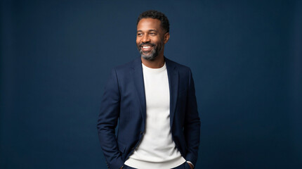 Obraz premium Portrait of a confident business manager in a navy suit jacket standing against a dark blue studio background