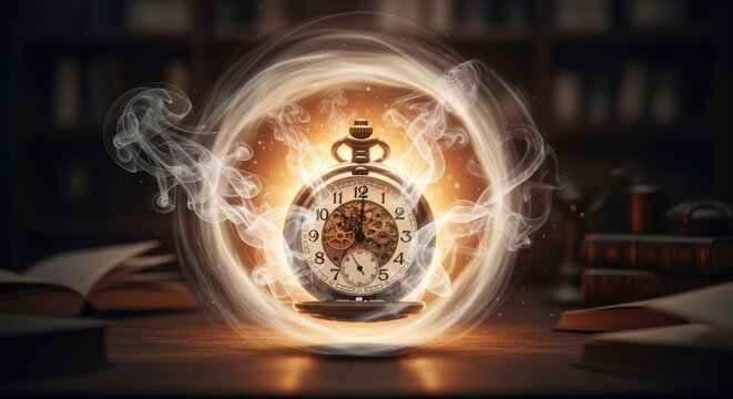 Glowing pocket watch inside a smoky magic orb.