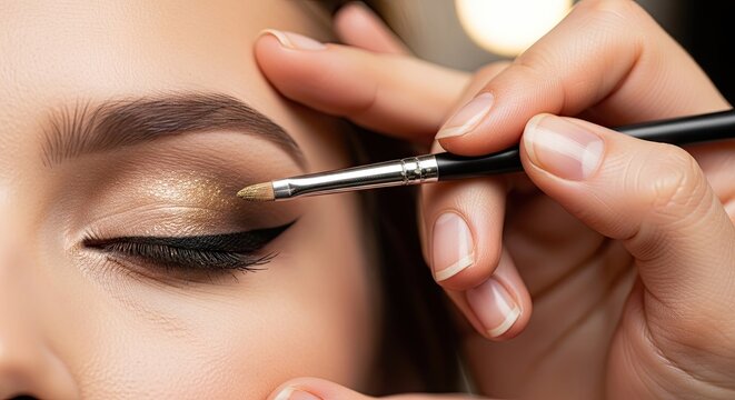 Detail of makeup artist applying gold eyeshadow to eye.