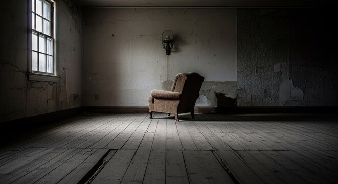 Old armchair in dark dusty room with window light.